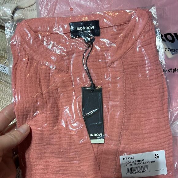 NWT Monrow Organic Gauze Sleeveless Cotton Top Faded Coral Small Gauzy - Picture 5 of 7